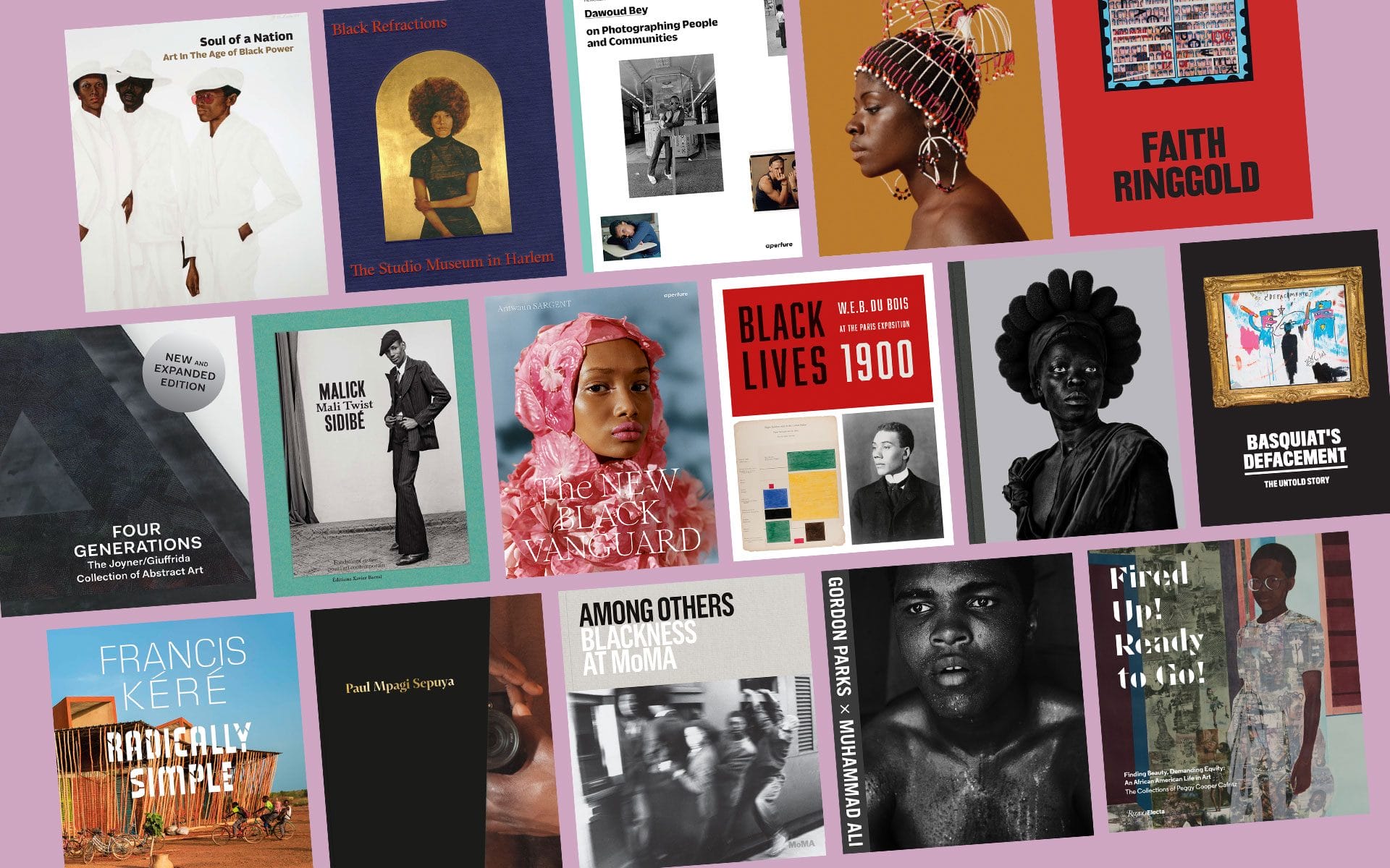 Collage of art and photography books featuring diverse black artists and cultural themes displayed on a colorful background.