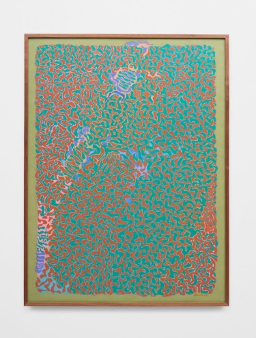 Abstract painting with intricate red and green patterns in a wooden frame on a plain white wall.