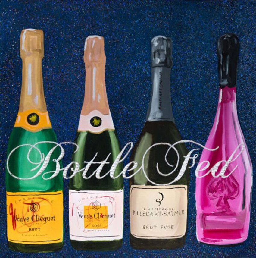 Four champagne bottles with colorful labels against a glittery background with "Bottle Fed" written in script over them.
