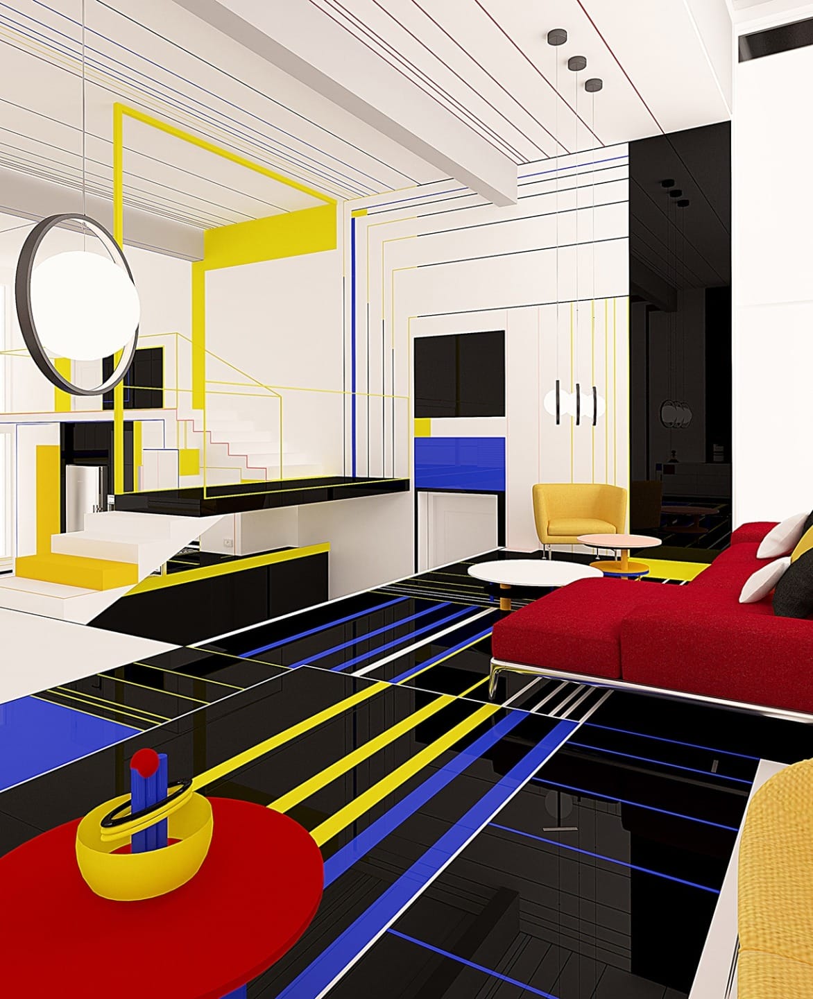 Modern living room with geometric patterns, vibrant colors, and sleek furniture in a minimalist design.