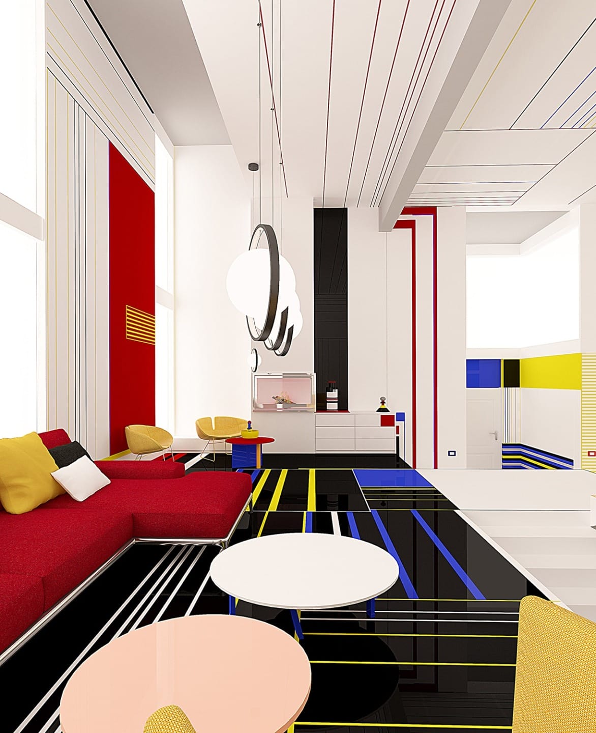 Modern living room with geometric patterns, red sofa, round tables, colorful accents, and a sleek black and white floor.