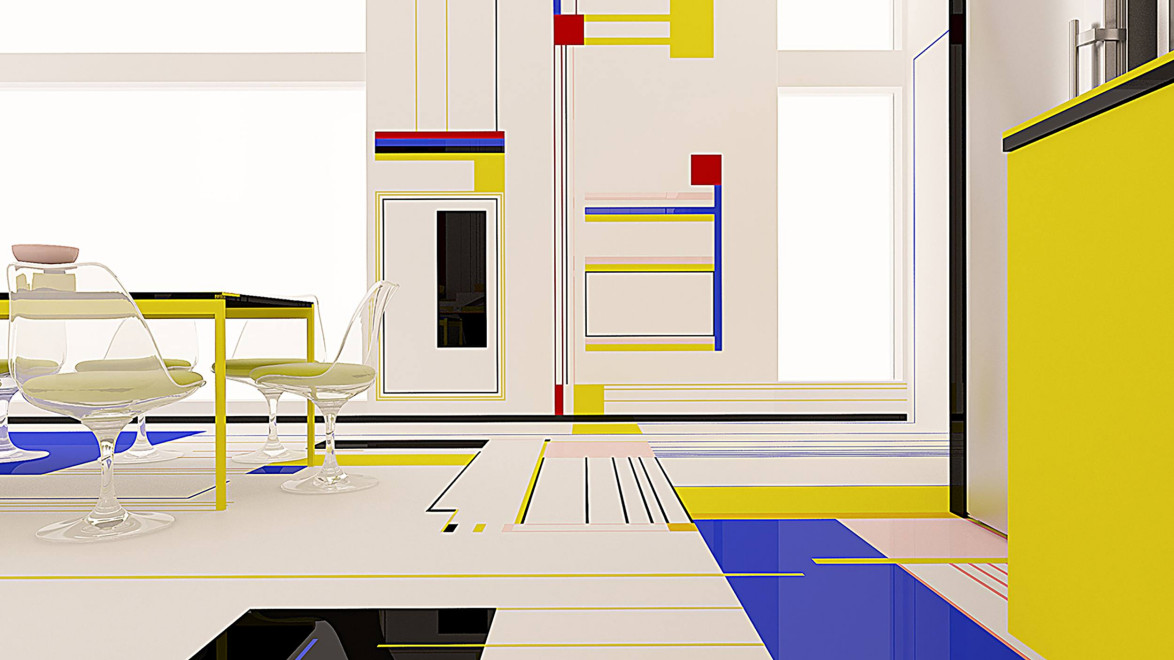 Modern interior design with abstract geometric patterns in primary colors on walls and floor, minimalistic furniture.