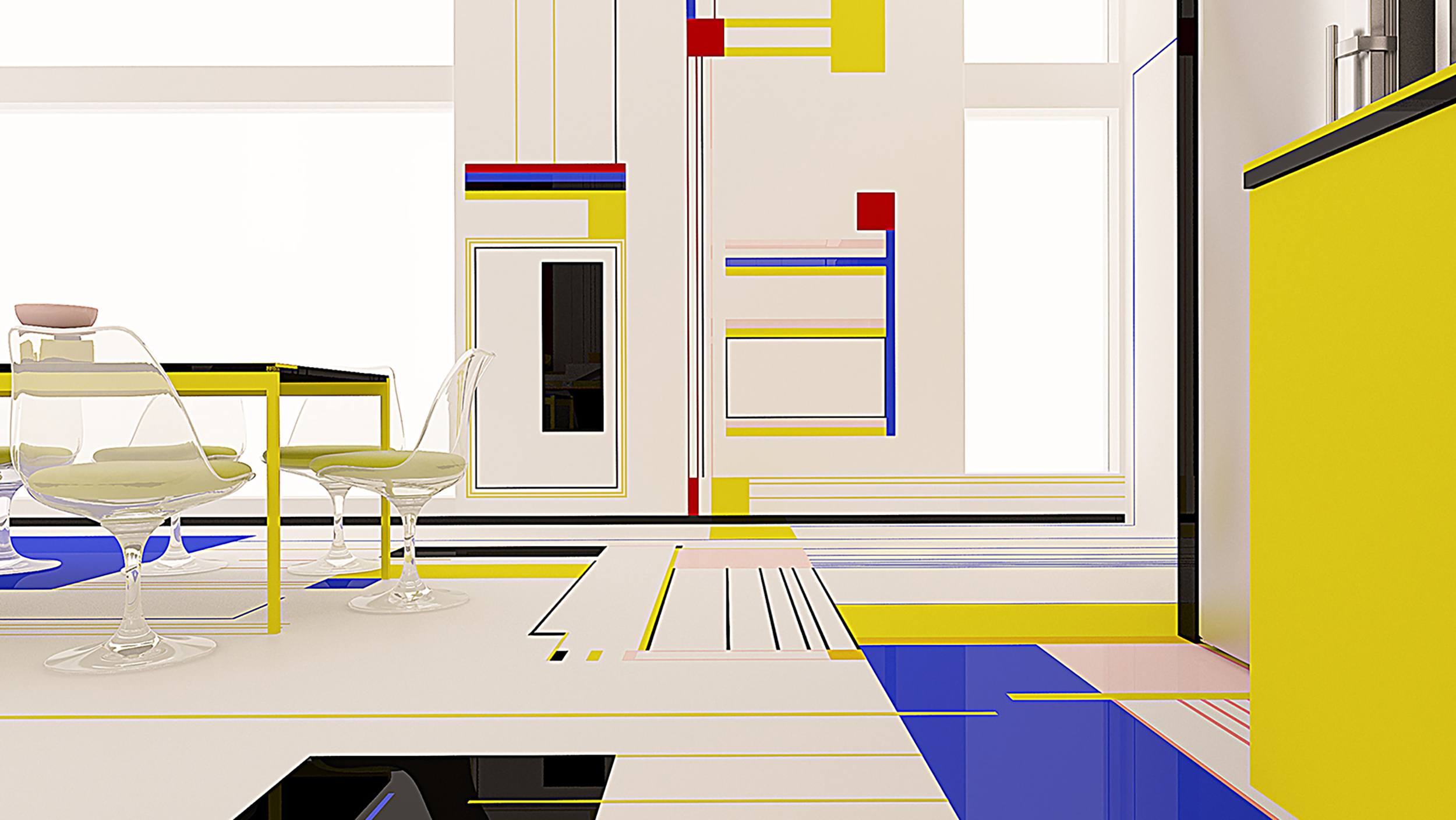 Modern interior design with abstract geometric patterns in primary colors on walls and floor, minimalistic furniture.