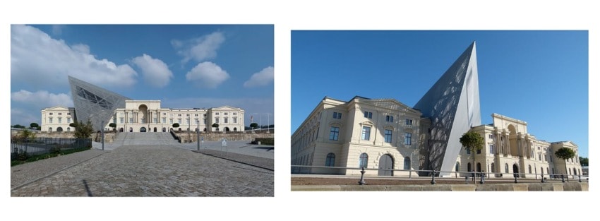 Military museum with modern glass wedge in Dresden, Germany, contrasting classic architecture and contemporary design.