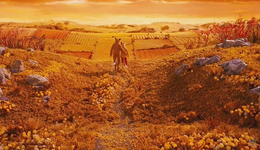 A fox and a child walk through a vibrant golden field under a warm, glowing sky.
