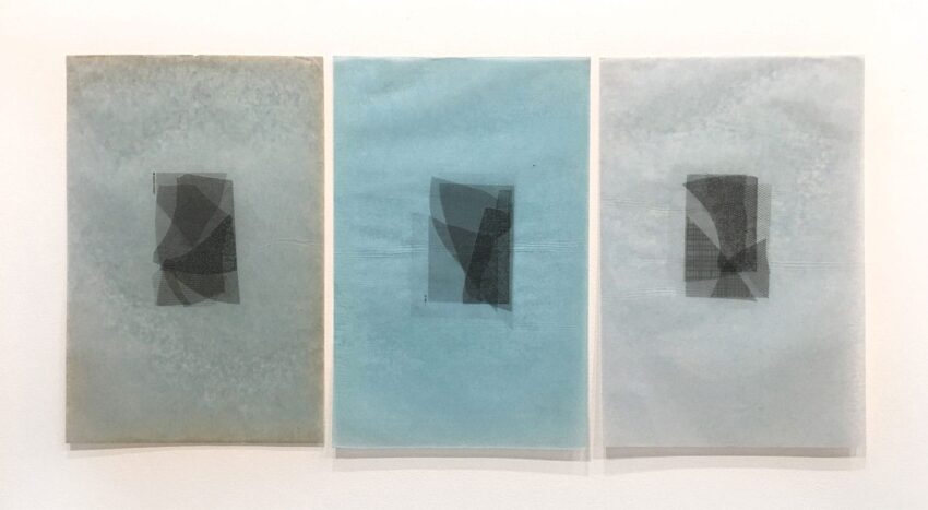 Abstract art with three textured panels in shades of blue and gray, each featuring overlapping geometric shapes.