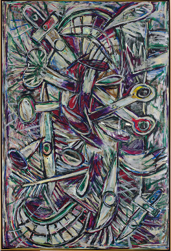 Abstract painting with scissors and sewing tools in vibrant colors and dynamic composition.