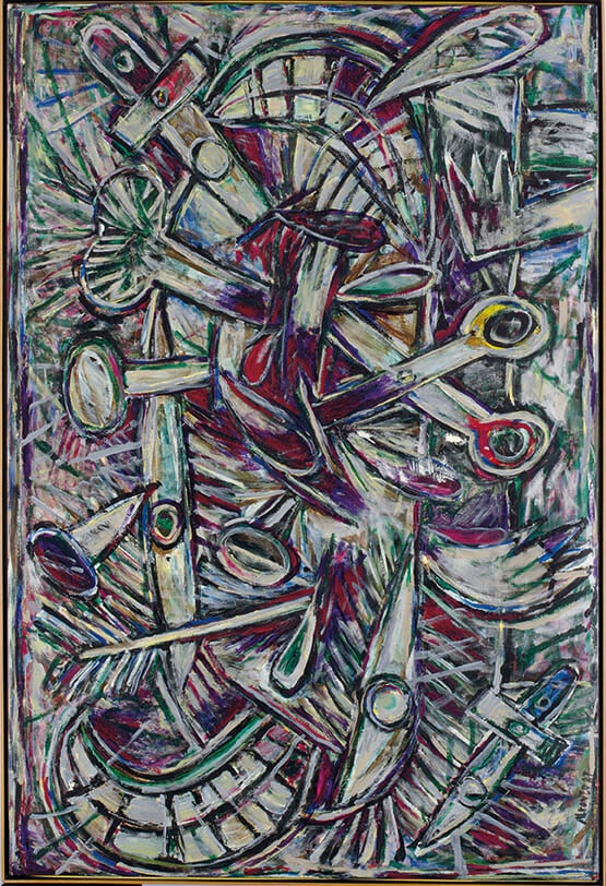 Abstract painting with scissors and sewing tools in vibrant colors and dynamic composition.