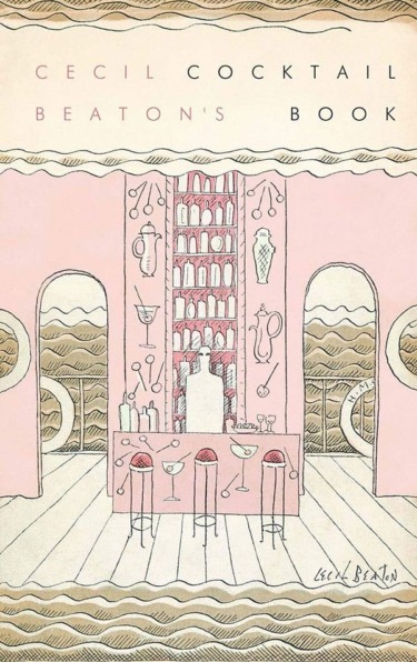 Illustrated cover of a cocktail book by Cecil Beaton, featuring a stylized bar with bottles and glasses.