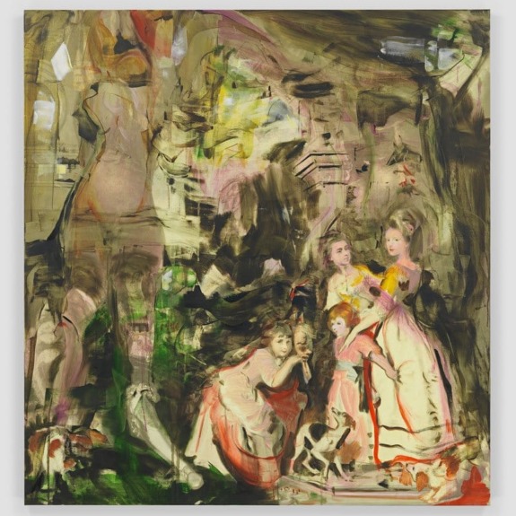 Abstract painting depicting a dynamic mix of colors with partially recognizable figures and animals in a painterly style.