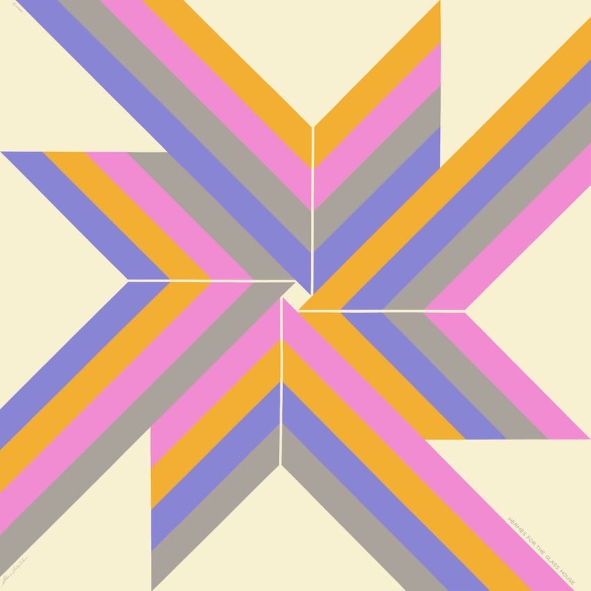 Colorful geometric star pattern with purple, pink, orange, and gray bands on a beige background.