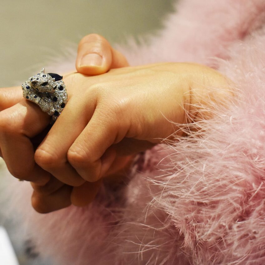 Close-up of hands wearing a jeweled ring with a pink fluffy sleeve visible.