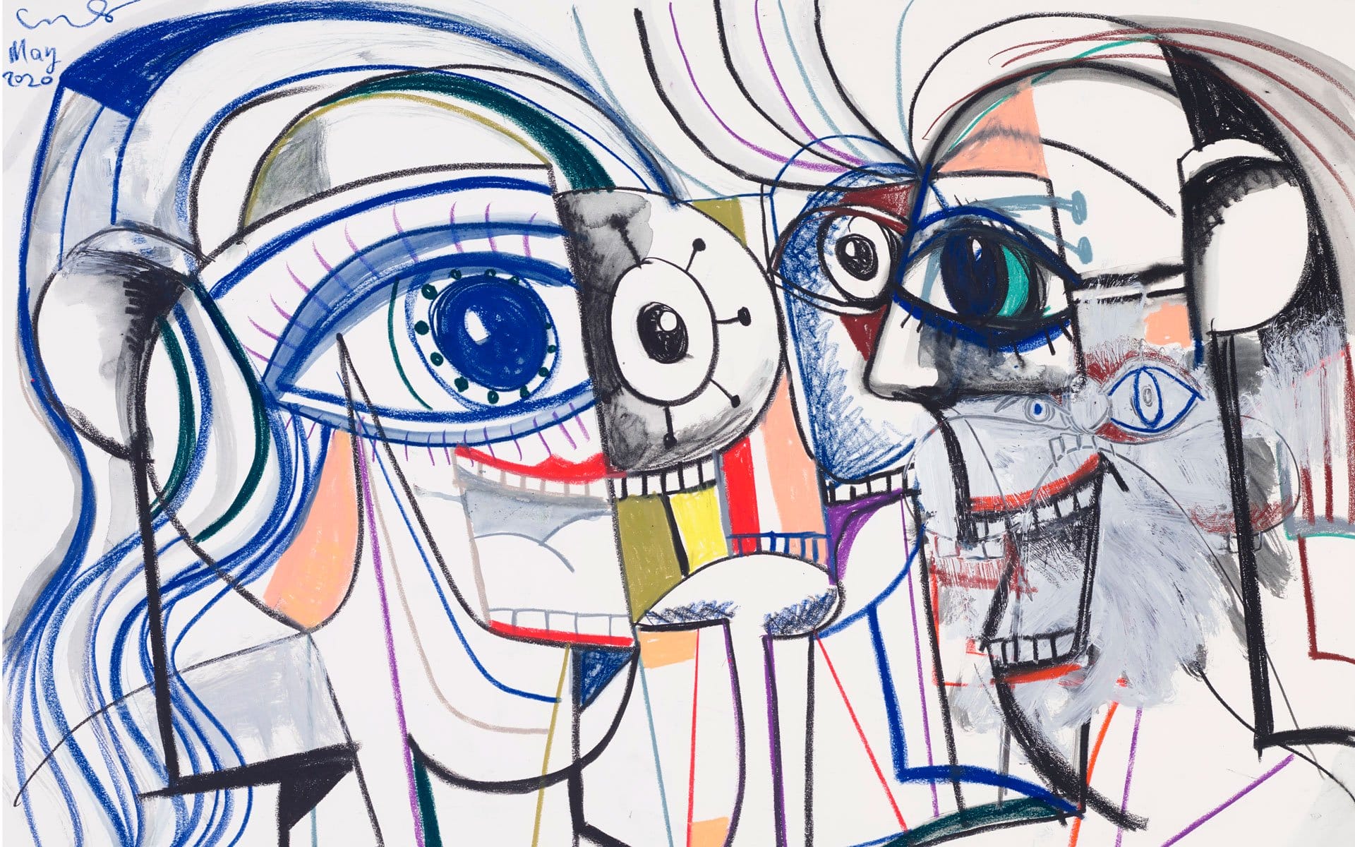 Abstract line art of two stylized faces with vivid colors and exaggerated features, inspired by cubism.