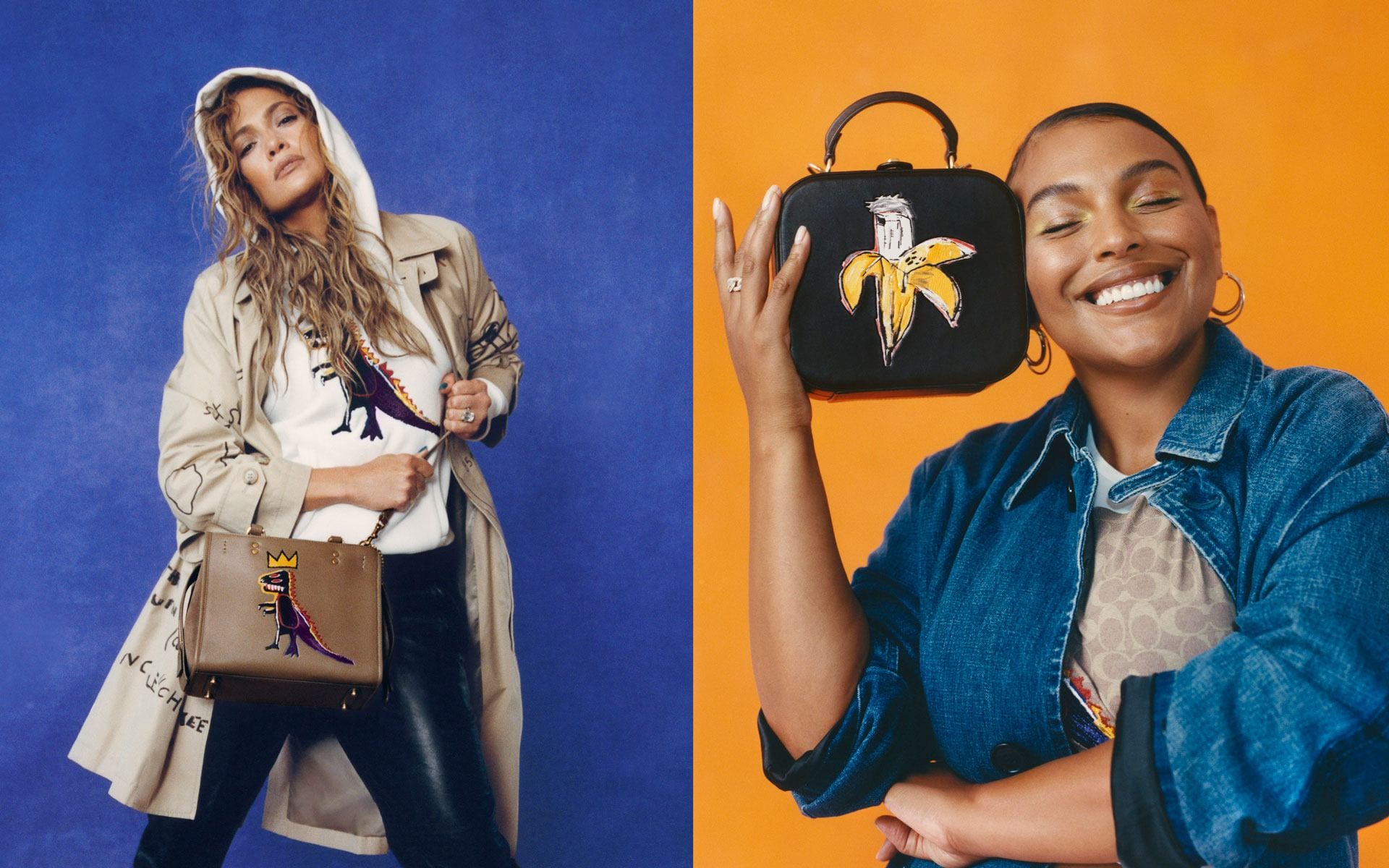 Two people showcasing fashionable bags with artistic designs against blue and orange backgrounds.