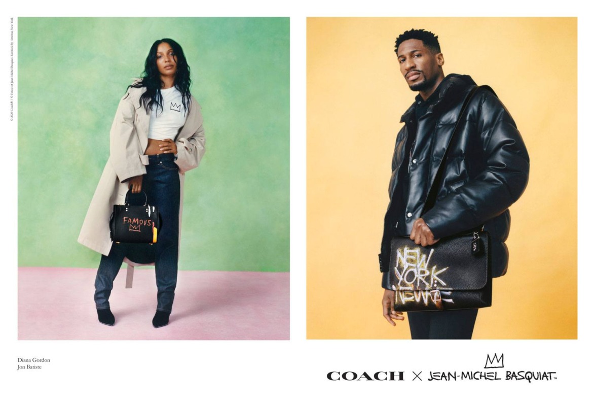 Two people posing with Coach bags from the Jean-Michel Basquiat collection against colorful backgrounds.