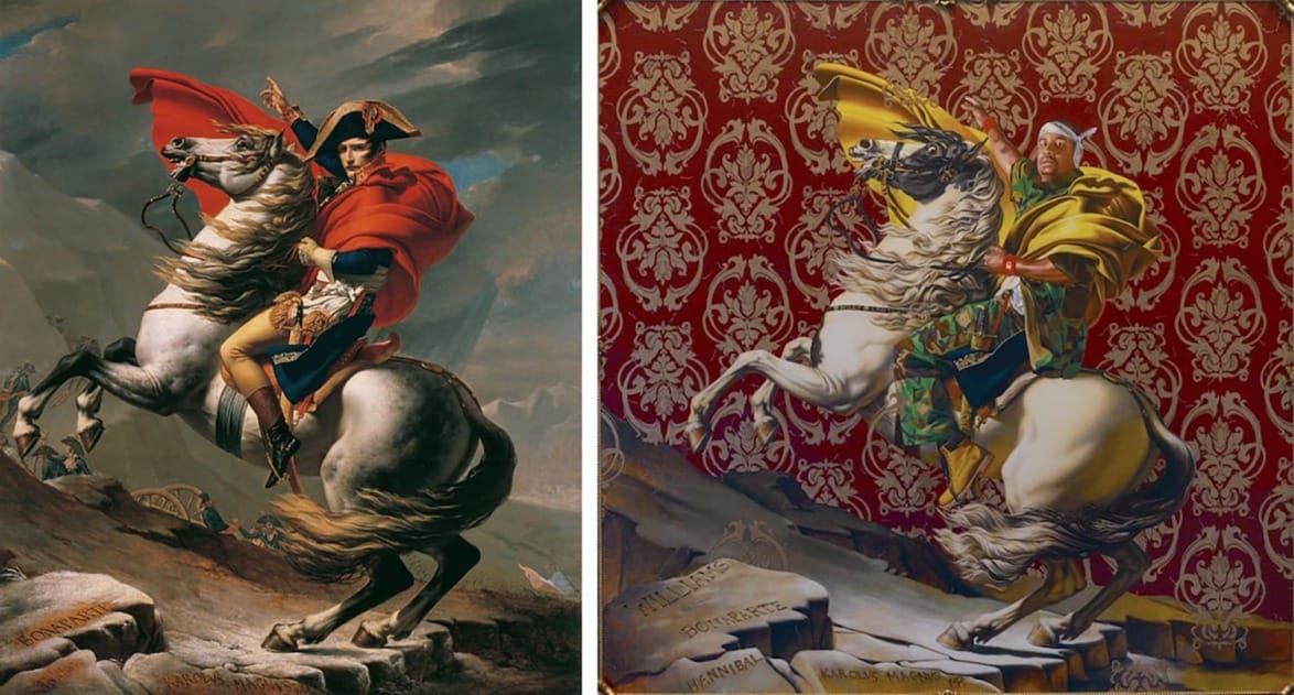 Left: A historical figure on a rearing horse. Right: A contemporary version with modern attire and vibrant background patterns.