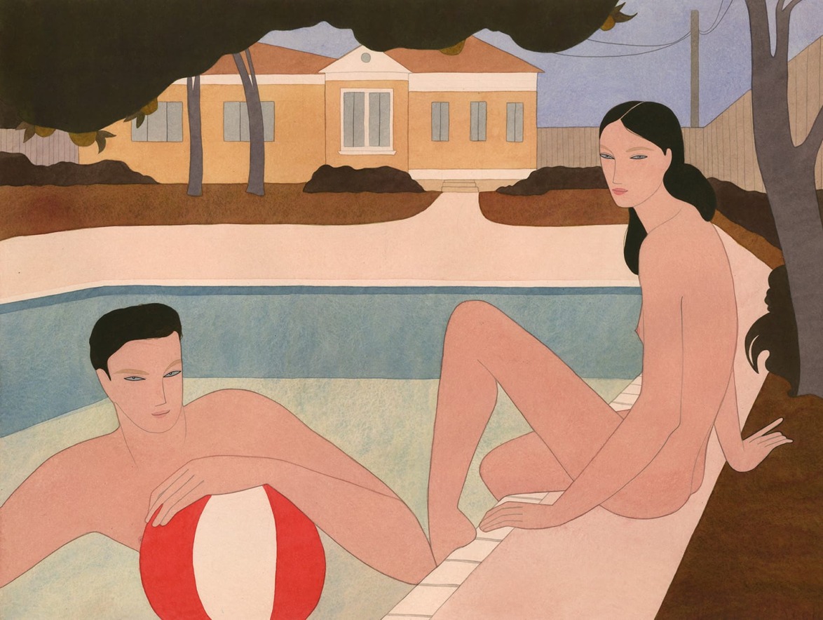 Two people relaxing by a pool with a beach ball, surrounded by trees and a house in the background.