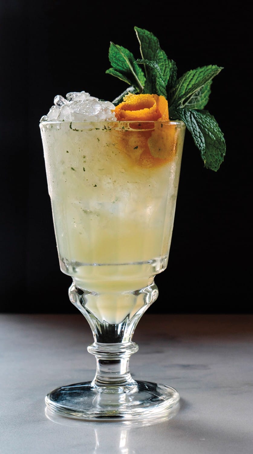 A refreshing cocktail in a clear glass with ice, an orange twist, and a mint garnish on a dark background.