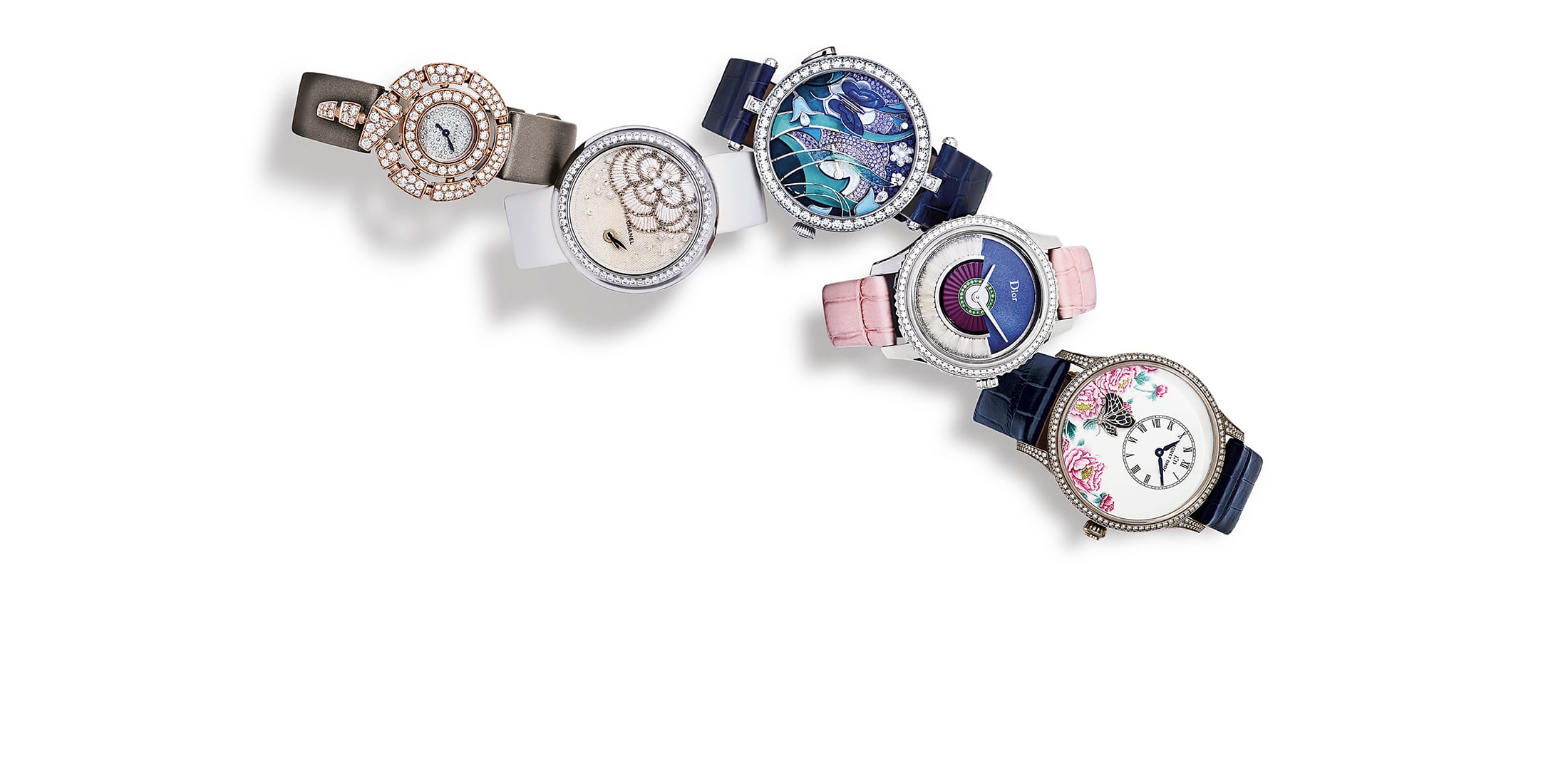 Five elegant watches with colorful and intricate designs arranged in an arc on a white background.