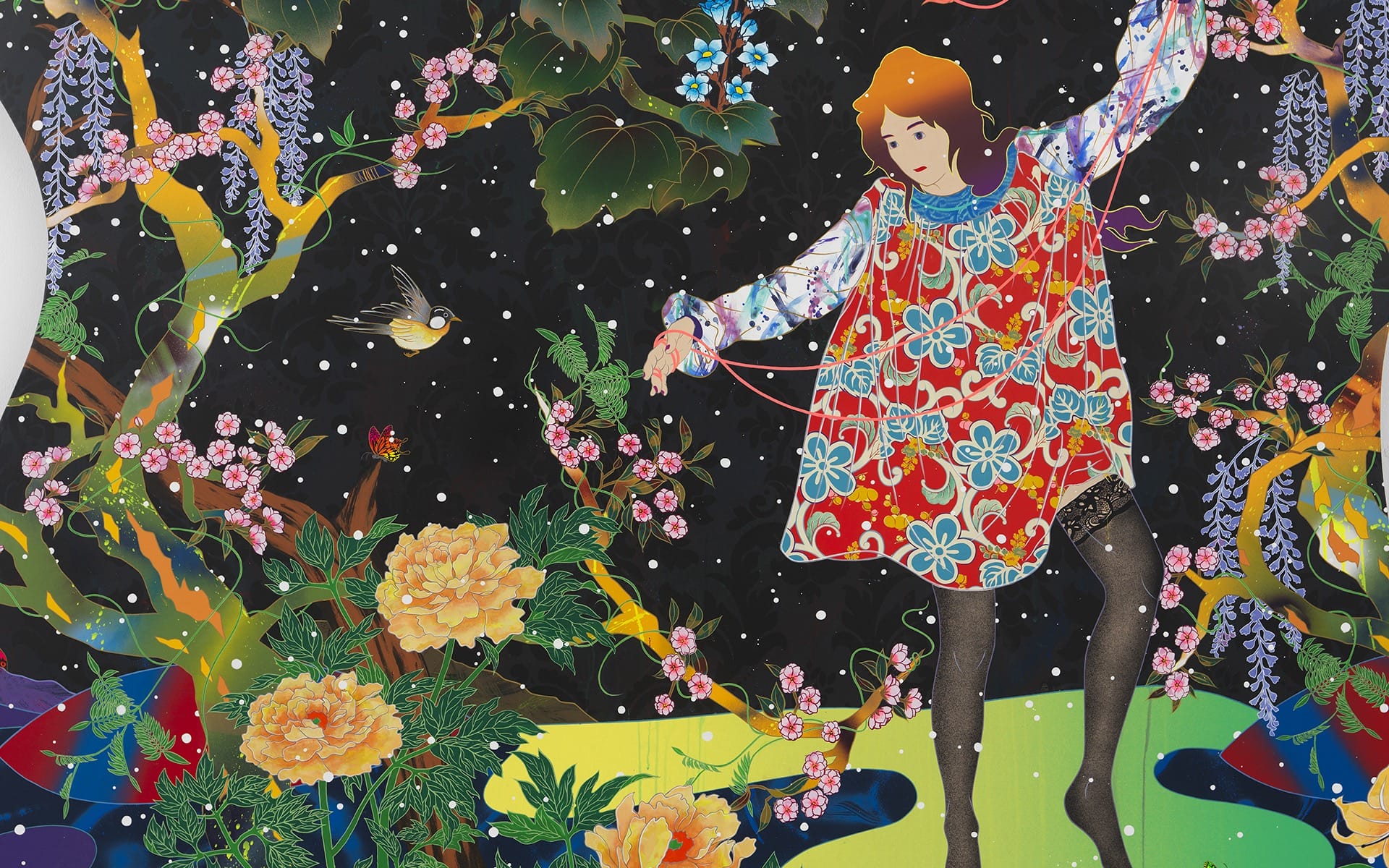 Colorful artwork of a person in a floral dress surrounded by flowers, plants, and a bird against a dark background.