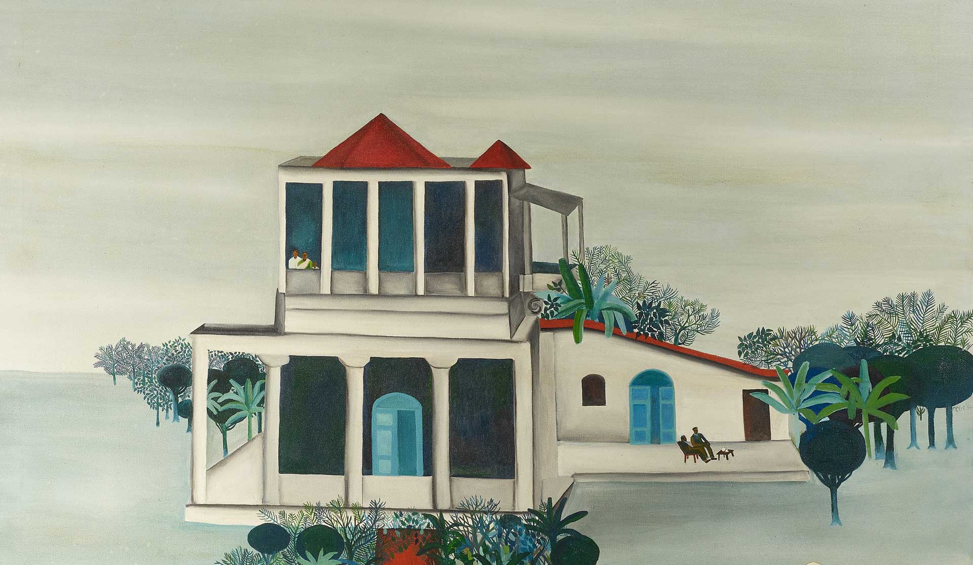 Surrealist painting of a building with red roofs, columns, and blue doors surrounded by trees, featuring a horse and rider.