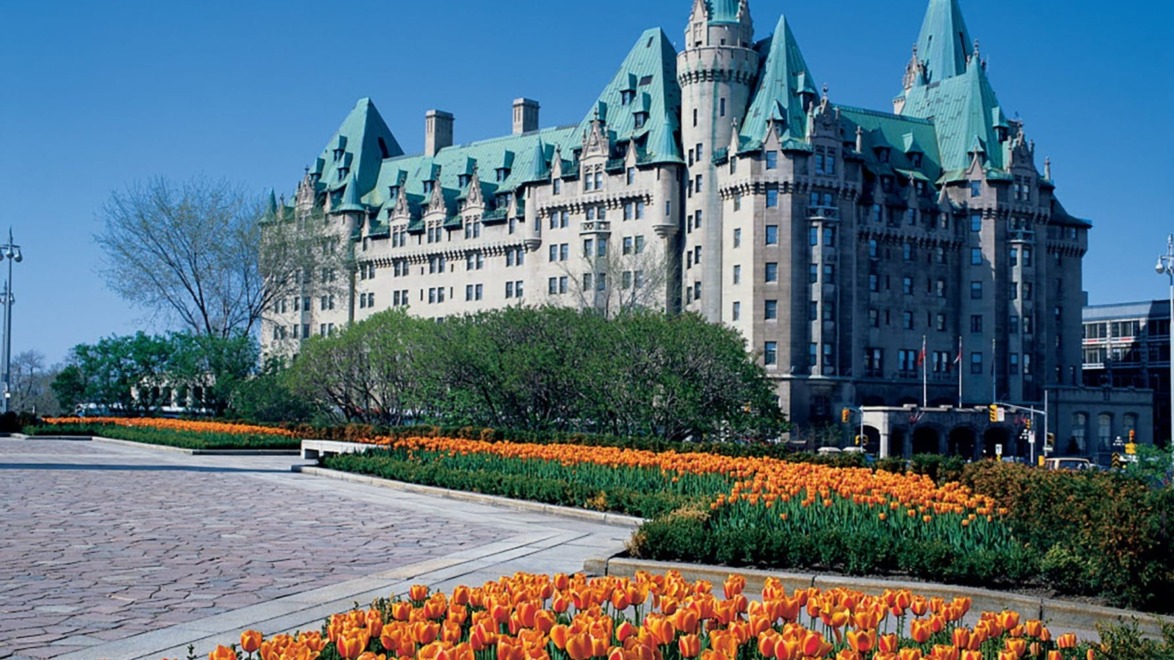 Chateau-style building with green roofs surrounded by a vibrant tulip garden under a clear blue sky