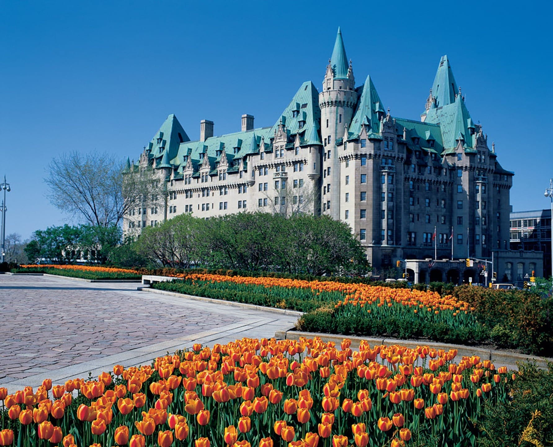 Chateau-style building with green roofs surrounded by a vibrant tulip garden under a clear blue sky