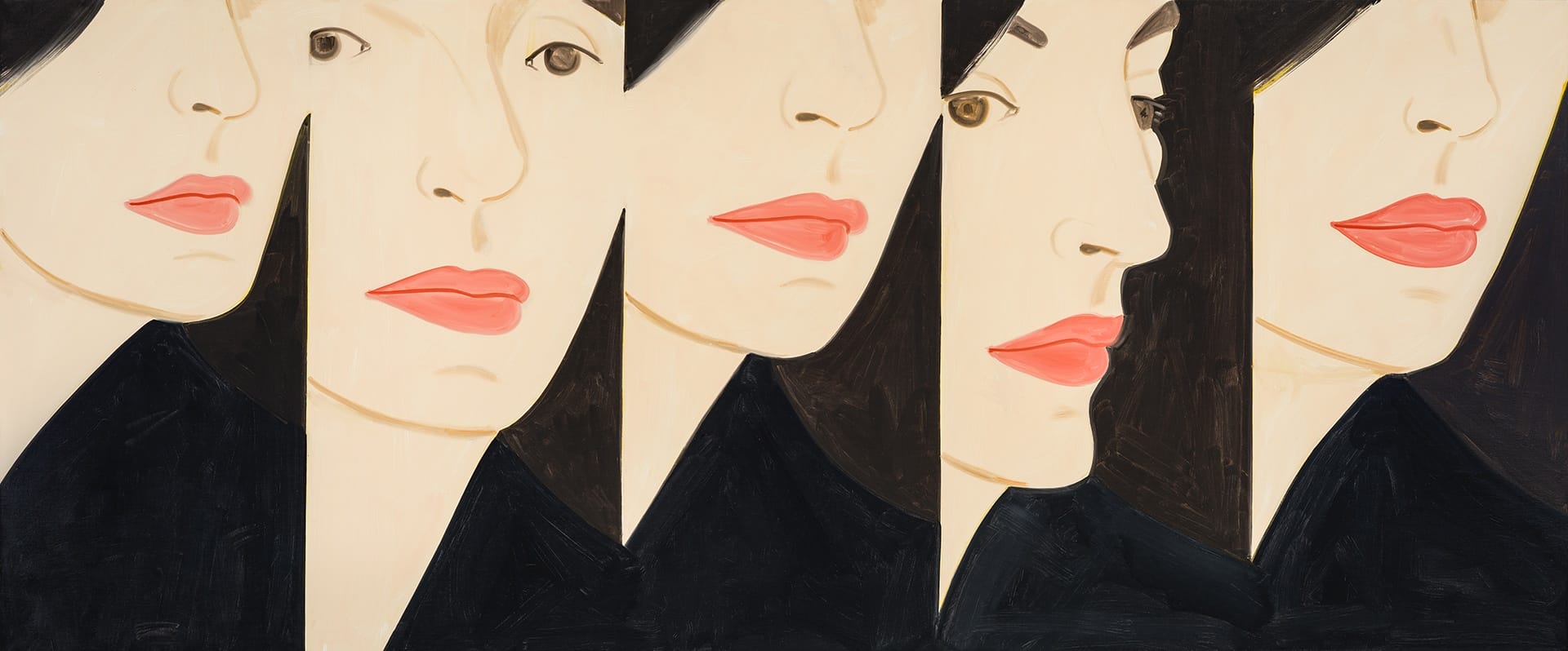 Abstract painting of a woman's face in four fragmented views with different angles, featuring bold lipstick and dark hair.