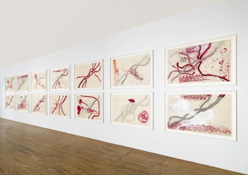 Gallery wall displaying abstract artworks with red and black lines, hung in a series on a white wall over wooden floor.