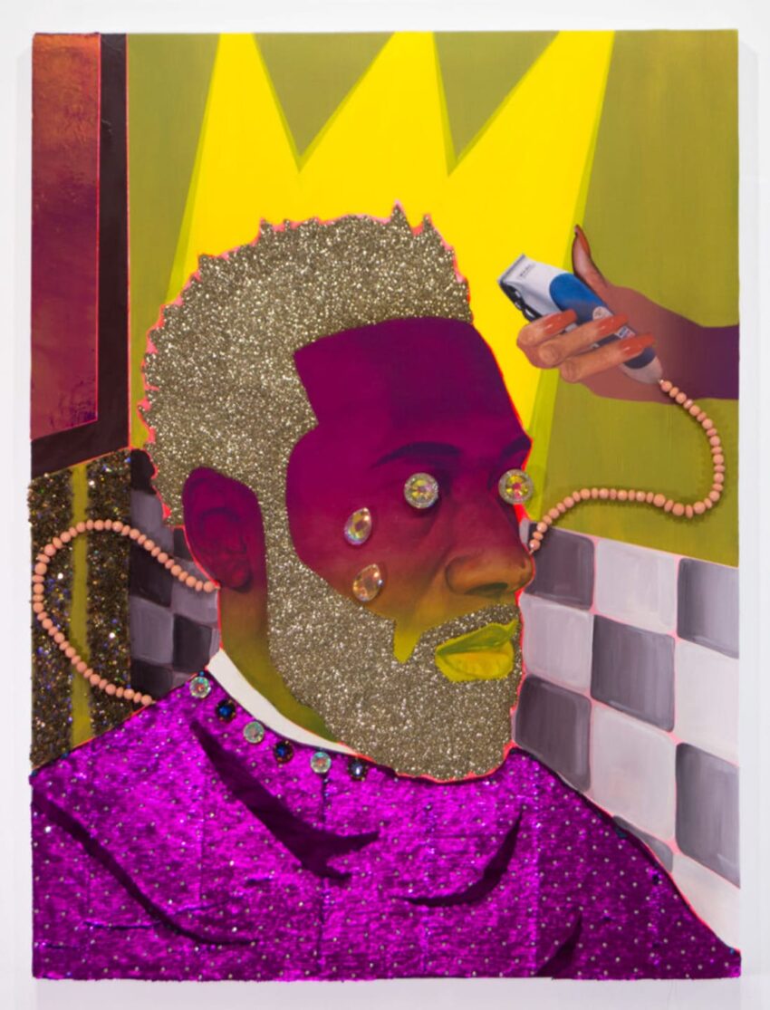 Colorful artwork of a man in a barbershop with a sparkling purple cape, golden crown, and clippers near his head.
