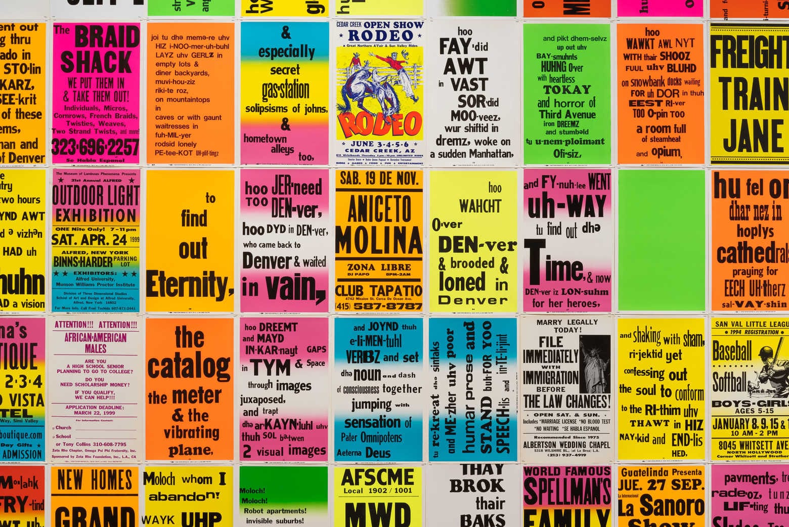 A colorful collage of vintage posters with bold text and various advertisements ranging from concerts to services.