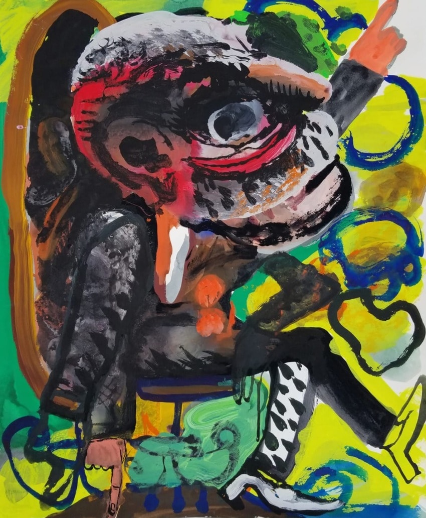 Abstract painting of a seated figure with exaggerated features and vivid colors, including red, yellow, and green elements.