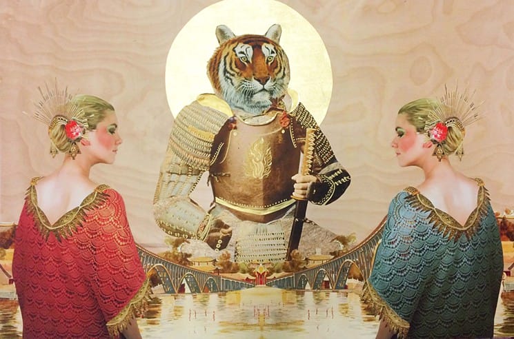 Tiger in armor with a lance, centered between two women in ornate dresses, set against a stylized architectural background.
