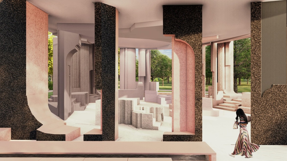 Person in elegant dress walking through a modern architectural space with textured walls and open views of greenery outside