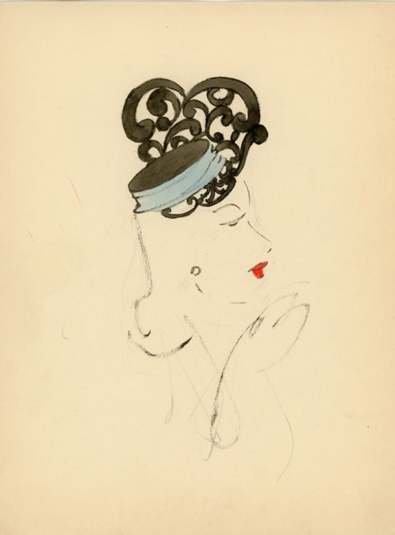 Sketch of a woman with red lips, wearing a hat adorned with a lacy swirl pattern and light blue ribbon.