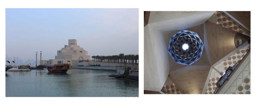 Museum of Islamic Art by a waterfront with traditional boats; interior view with geometric skylight pattern.