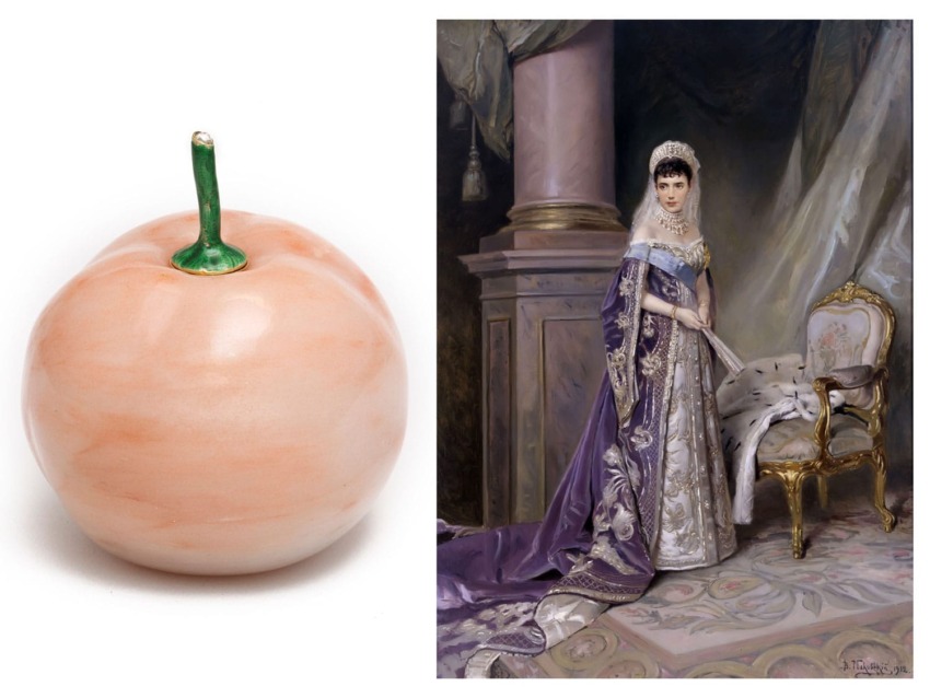 Ceramic peach alongside a painting of a woman in an elegant dress standing next to ornate furniture.