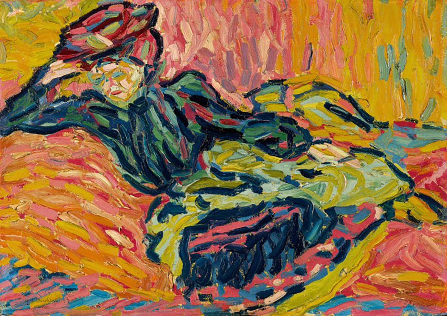 Expressionist painting of a reclining person in a colorful environment with vibrant and bold brushstrokes.
