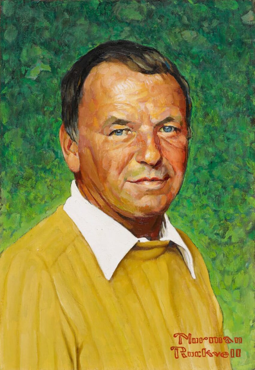Portrait painting of a man with short dark hair in a yellow sweater against a green background.