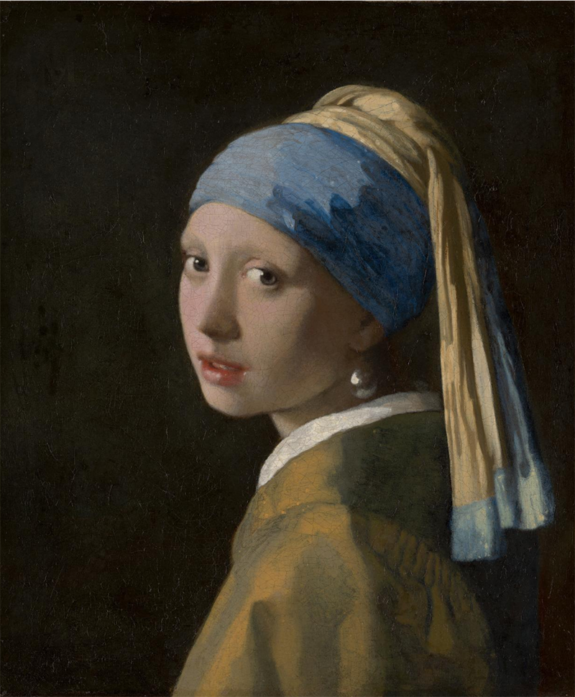 Painting of a girl with a pearl earring, wearing a blue and yellow headscarf, set against a dark background.