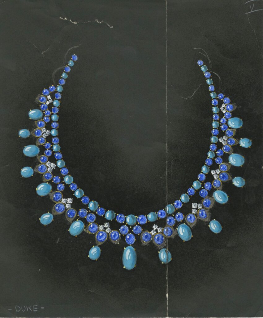 Illustration of a luxurious blue gemstone necklace on a dark background, showcasing an intricate and elegant design.