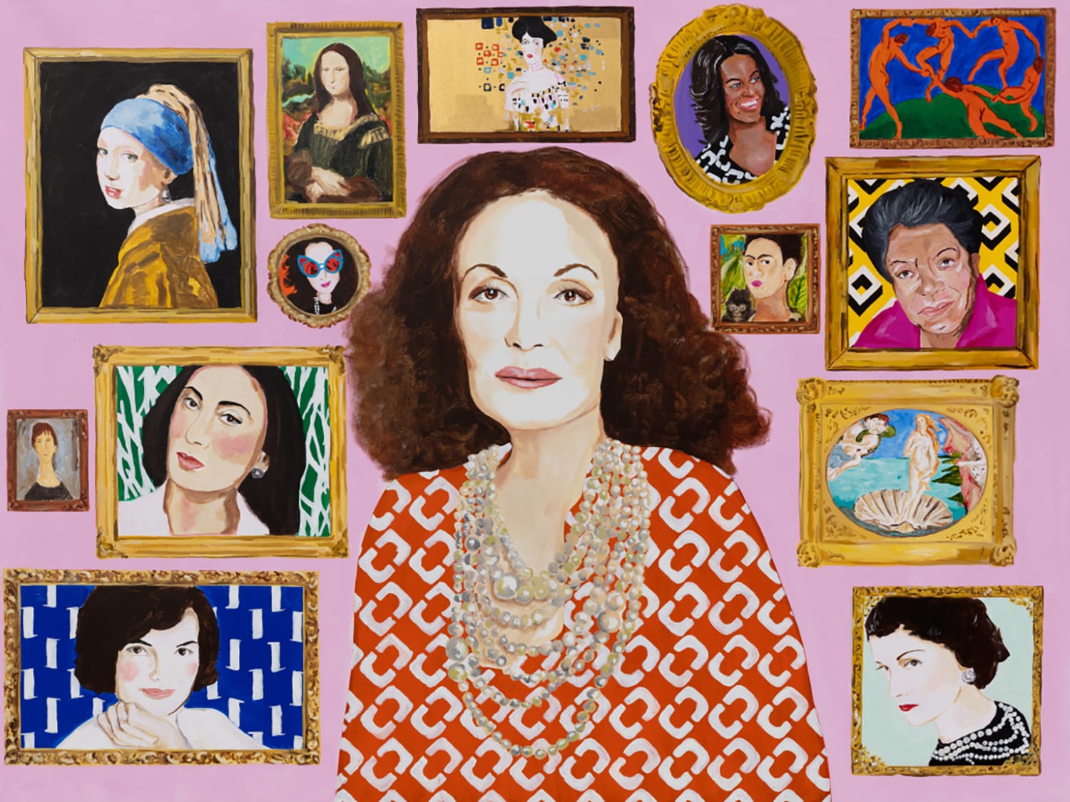 Portrait of a woman surrounded by framed paintings of famous female icons on a pink background.