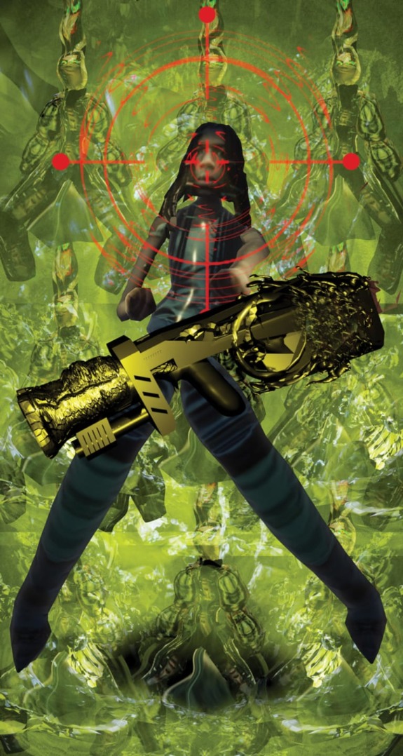 Illustration of a person with a futuristic weapon, standing in front of a green background with a red target symbol behind them.