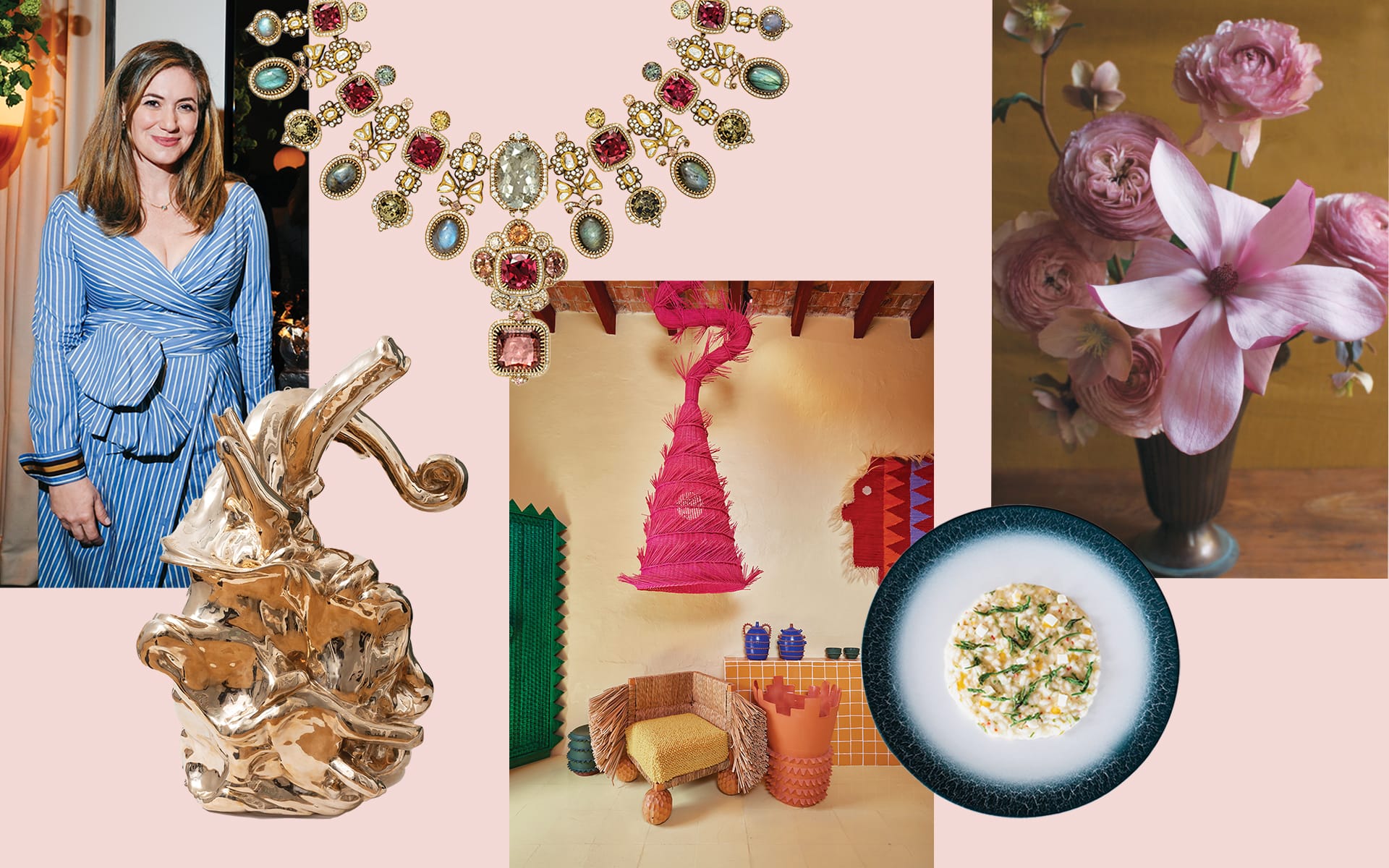 Collage of colorful fashion, jewelry, modern art sculpture, cozy interior design, and elegant flower arrangement with food.