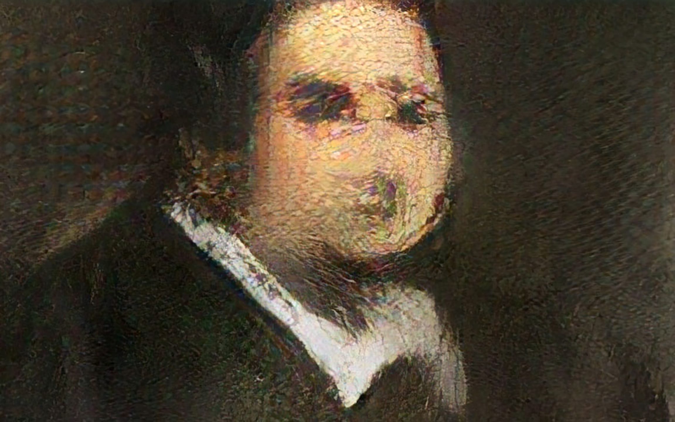 Abstract portrait of a person with distorted features and dark clothing against a textured, dark background.