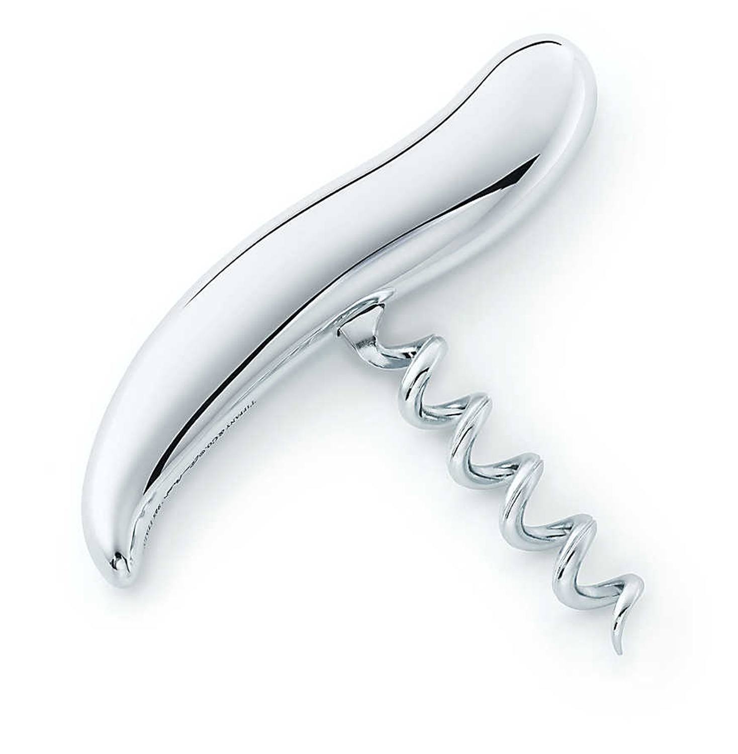 Curved stainless steel corkscrew with a shiny, ergonomic handle and spiral metal tip for opening wine bottles.