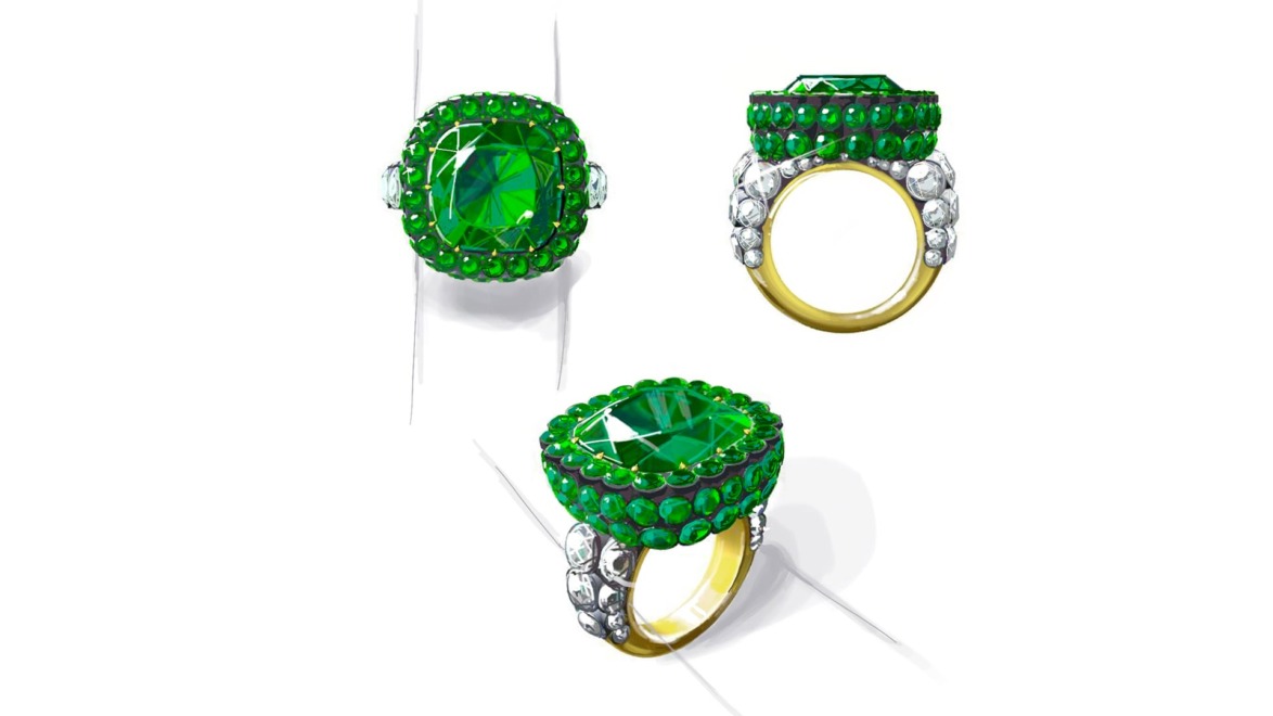 Emerald and diamond rings with gold bands, featuring intricate green gemstones and silver accents.