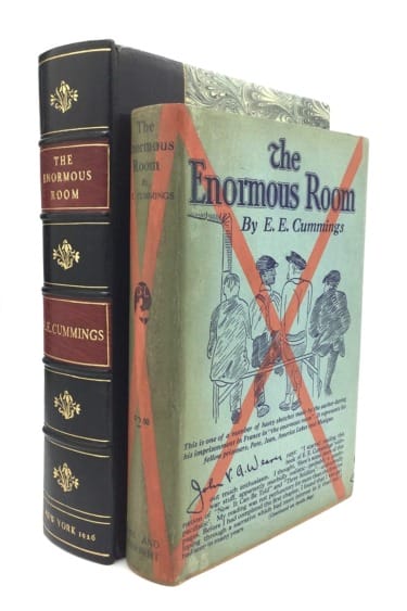The Enormous Room by E.E. Cummings, vintage book cover and spine with decorative floral pattern detailing.