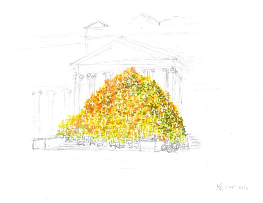 Sketch of a grand building with a pyramid of colorful autumn leaves in front, featuring a mix of orange, yellow, and green.