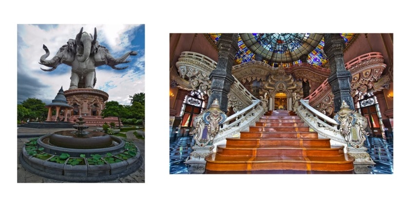 Elephant statue outside and ornate interior staircase with intricate decorations in a museum setting.